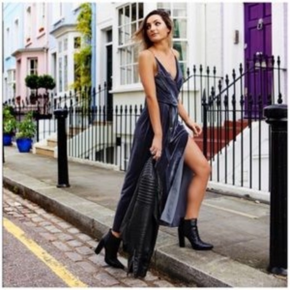 NWT Free People Charcoal Gray Spliced Velvet Maxi Slip Dress Large L